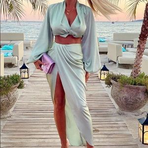 Sleeve Crop Top & High Slit Maxi Skirt Set